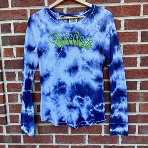 VTG Y2K Lucky Brand Waffle Knit Thermal Top Large Purple Tye Dye Freedom Boho